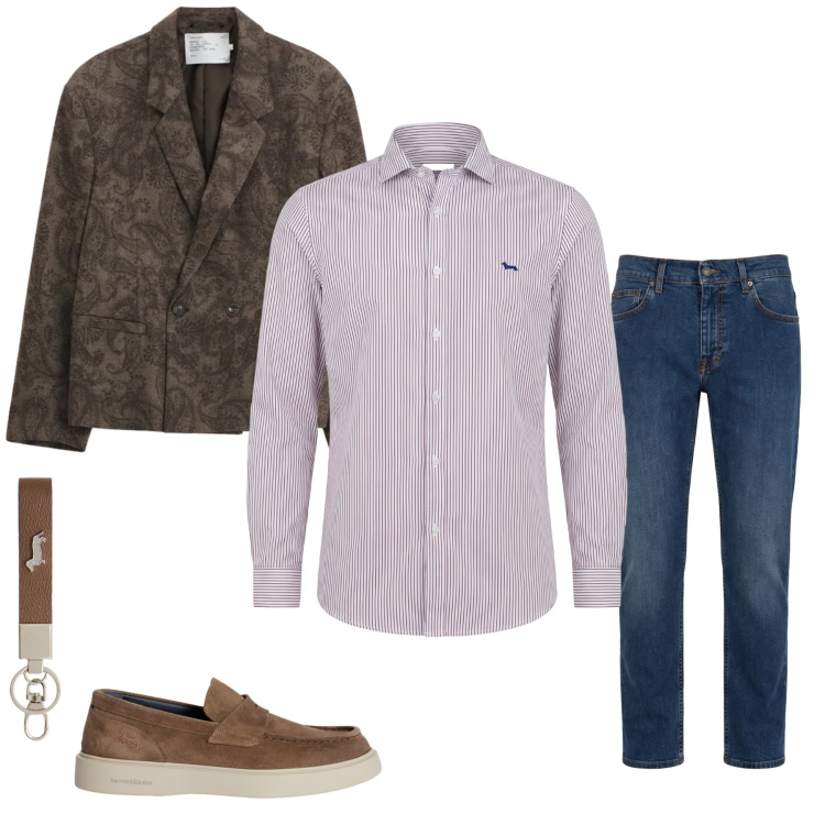 Outfit uomo - Casual Chic Autunnale. Stile Trendy per Tutti i giorni. Abbinamento con portachiavi, jeans, scarpe stringate, camicie, giacche.