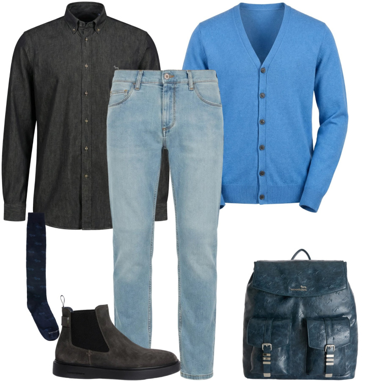 Outfit uomo - Blue Harmony. Stile Urban per Tutti i giorni. Abbinamento con jeans slim fit, stivali e stivaletti, camicie, cardigans, borse sportive, calzini.