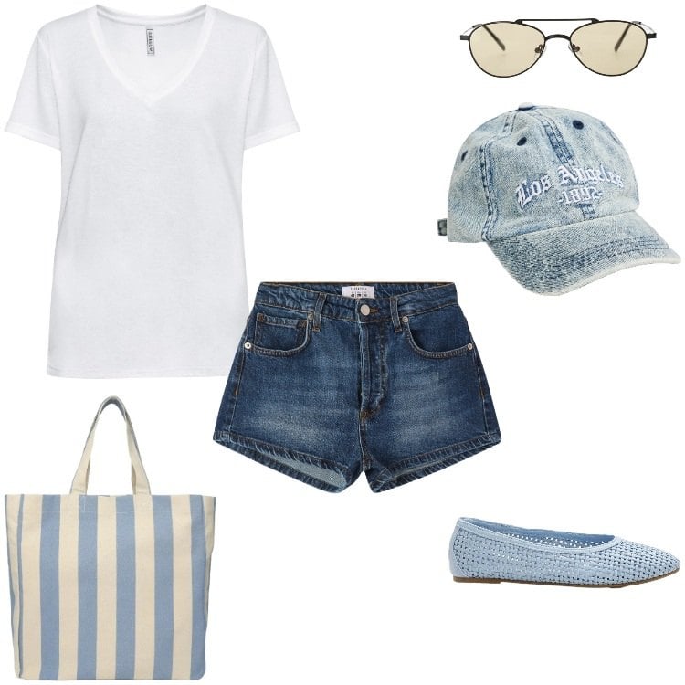 Outfit donna - Clessidra sinuosa "8". Stile Casual per Tutti i giorni. Abbinamento con t-shirt, ballerine, cappelli con visiera, shorts, shopping bag, occhiali da sole.