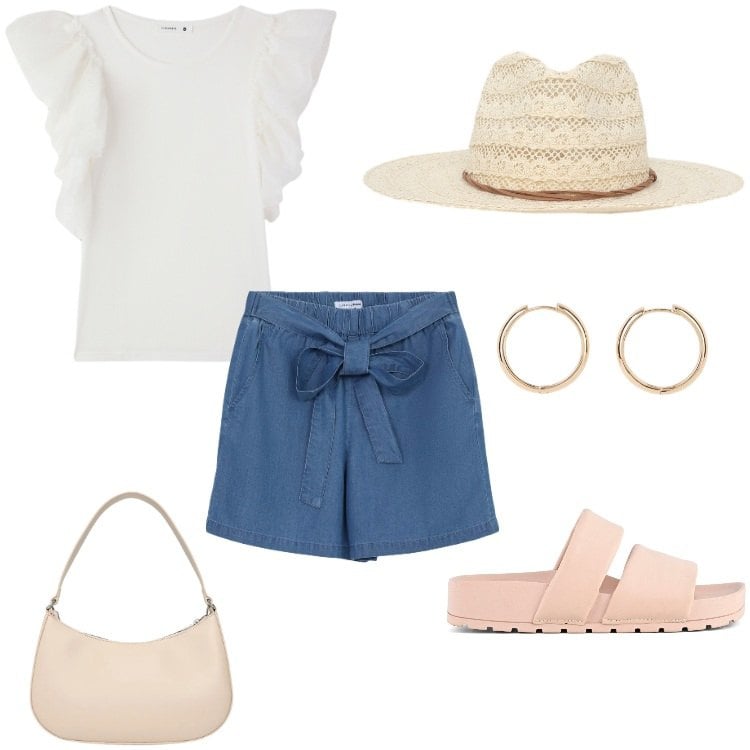 Outfit donna - Triangolo "A". Stile Romantica per Tutti i giorni. Abbinamento con orecchini, shorts, borse a tracolla, cappelli, t-shirt, ciabatte.