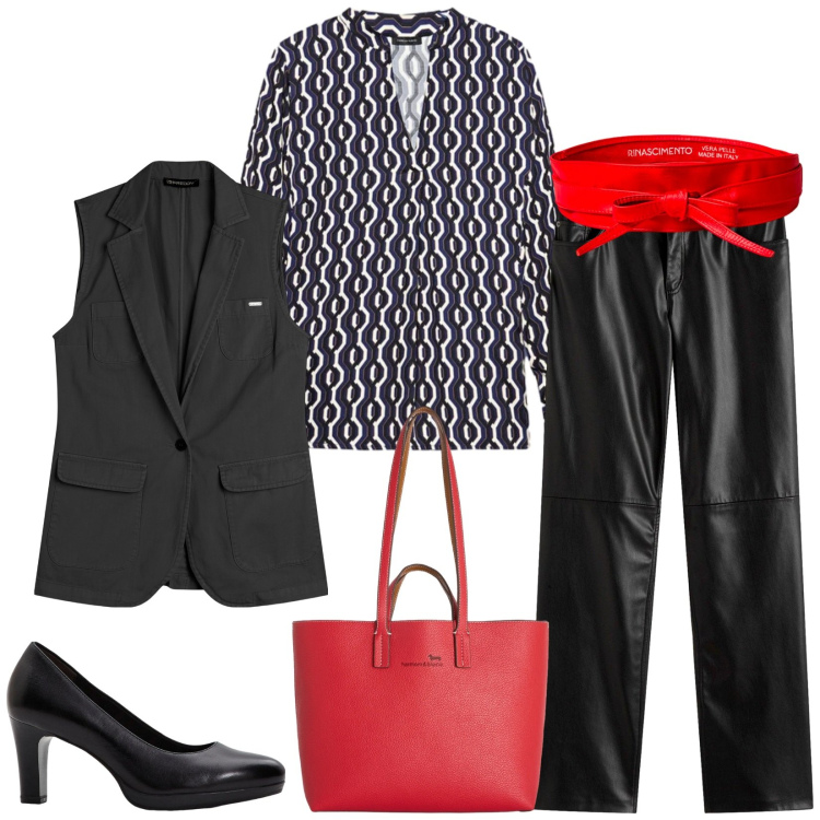 Outfit donna - Total look #2360157. Stile Chic per Serata fuori. Abbinamento con décolleté, pantaloni, shopping bag, bluse, gilet, cinture.