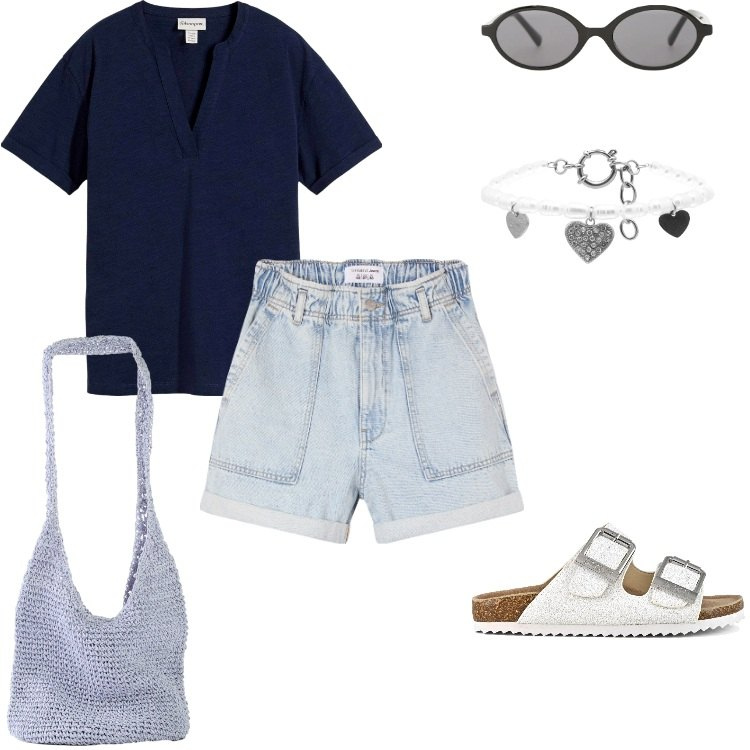 Outfit donna - Triangolo inverso. Stile Casual per Tutti i giorni. Abbinamento con shopping bag, t-shirt, shorts, occhiali da sole, braccialetti, sandali.