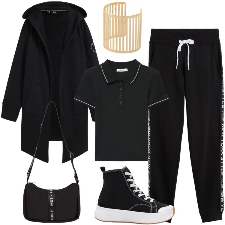 Outfit donna - La giacca in felpa nera. Stile Urban per Sport. Abbinamento con blazer, pantaloni, sneakers alte, polo, braccialetti, borse a tracolla.