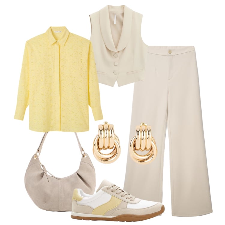 Outfit donna - La camicia in sangallo. Stile Trendy per Tutti i giorni. Abbinamento con borse a tracolla, orecchini, sneakers, gilet, pantaloni, camicie.