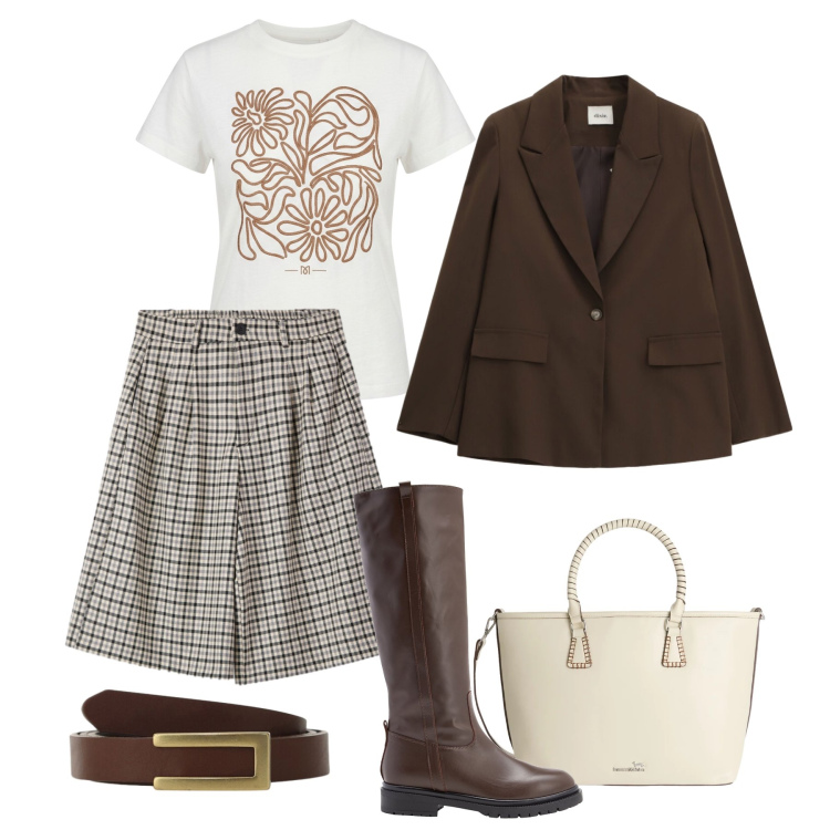 Outfit donna - Jorts in ufficio. Stile Casual chic per Ufficio. Abbinamento con stivali, shopping bag, bermuda, blazer, cinture, t-shirt.