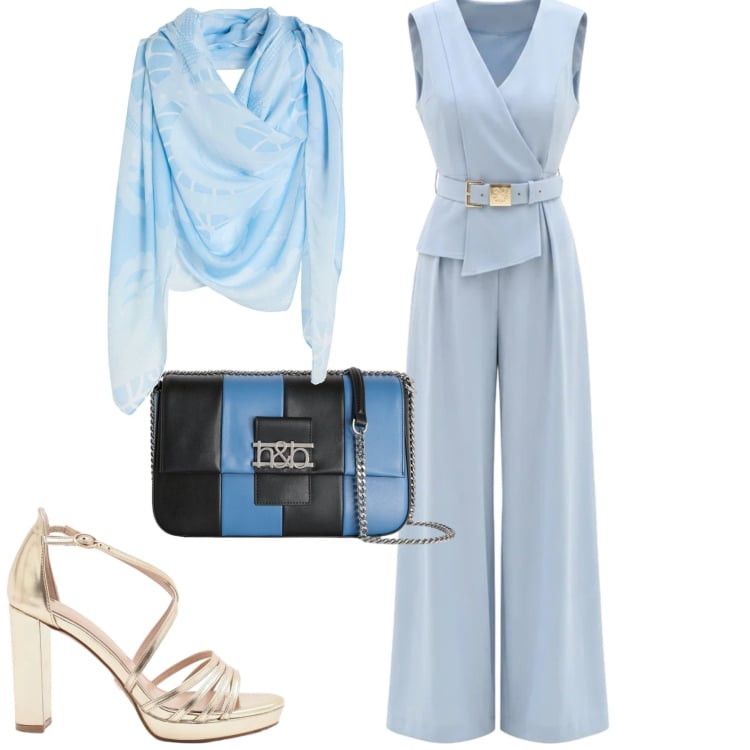 Outfit donna - Occasione speciale. Stile Chic per Cerimonia. Abbinamento con sciarpe, borse a tracolla, tute, sandali col tacco.