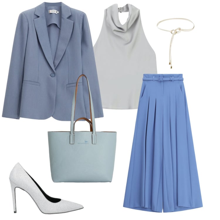 Outfit donna - Total look #2360219. Stile Casual chic per Ufficio. Abbinamento con décolleté, cinture, shopping bag, pantaloni a palazzo, top, blazer.