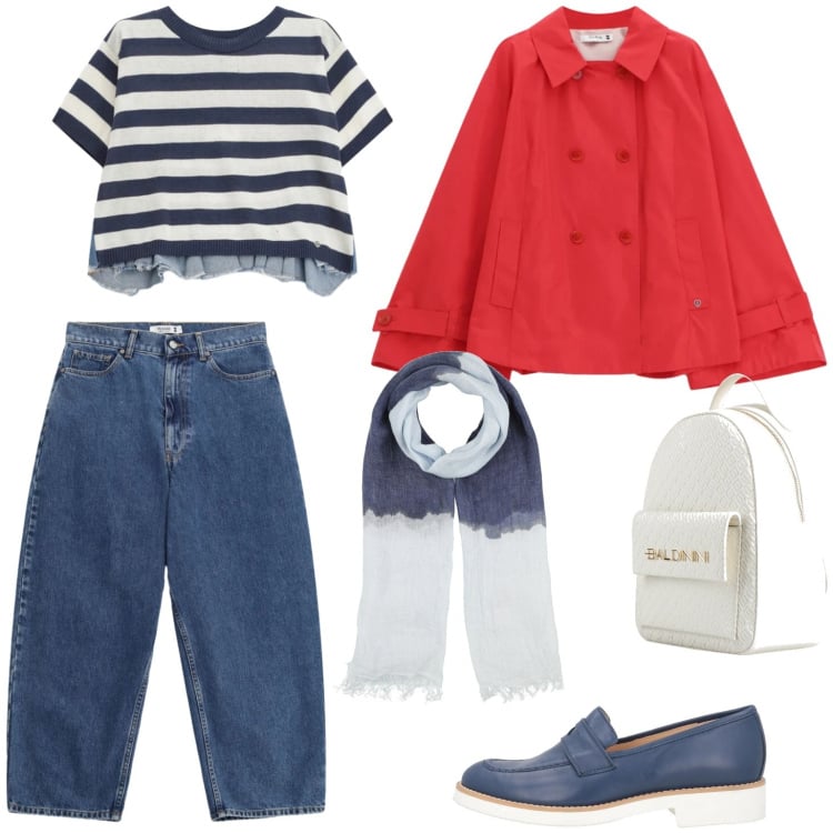 Outfit donna - Stile marinaro. Stile Casual per Tutti i giorni. Abbinamento con zaini, mocassini, sciarpe, jeans, t-shirt, giacche.