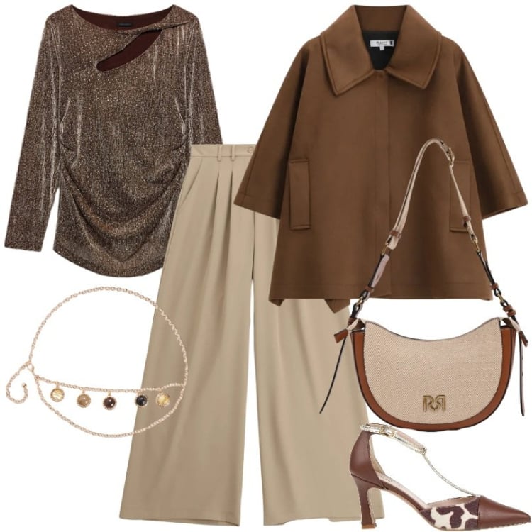 Outfit donna - Sfumature terrose. Stile Trendy per Ufficio. Abbinamento con décolleté, cinture, bluse, pantaloni a palazzo, cappotti, borse a tracolla.