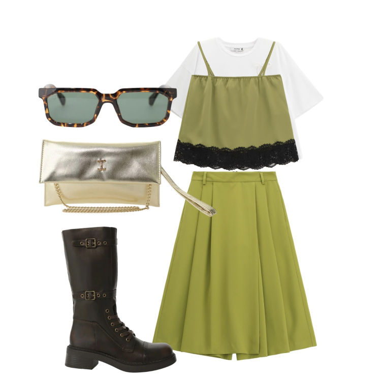 Outfit donna - Marzo. Stile Trendy per Tutti i giorni. Abbinamento con stivali, occhiali da sole, pantaloni, borse a tracolla, top, t-shirt.