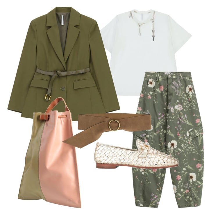 Outfit donna - Marzo. Stile Casual chic per Tutti i giorni. Abbinamento con zaini, mocassini, blazer, t-shirt, cinture, pantaloni cargo.