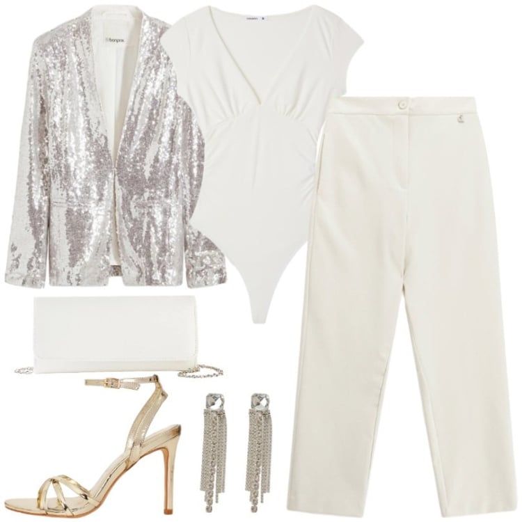 Outfit donna - Blazer con paillettes. Stile Chic per Cerimonia. Abbinamento con blazer, pochette, sandali col tacco, top, orecchini, pantaloni.
