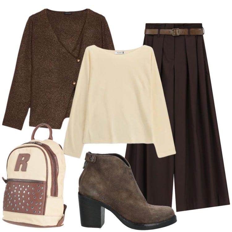 Outfit donna - Total look #2360238. Stile Basic per Ufficio. Abbinamento con zaini, stivaletti, cardigans, pantaloni a palazzo, maglieria.