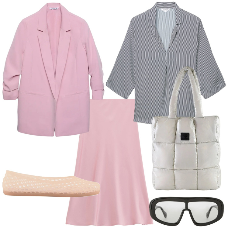Outfit donna - Il potere dei colori pastello. Stile Minimal per Tutti i giorni. Abbinamento con blazer, camicie, gonne longuette, occhiali da sole, shopping bag, ballerine.