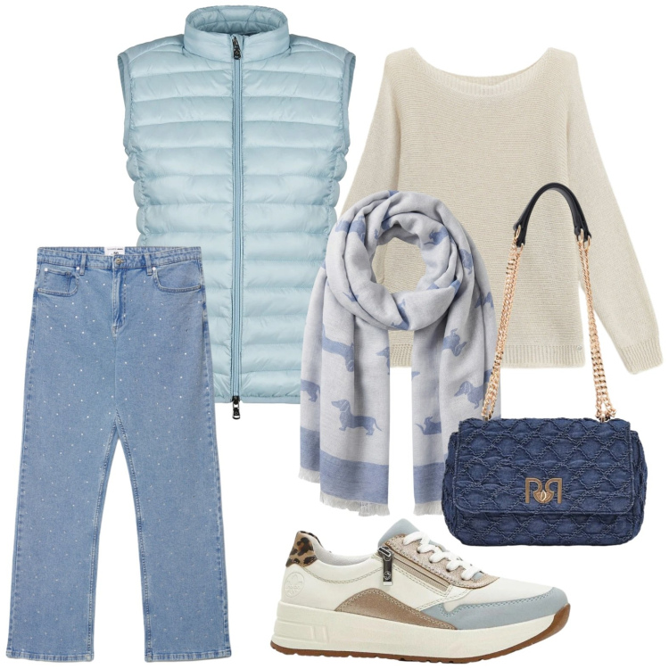 Outfit donna - Il potere dei colori pastello. Stile Casual per Tutti i giorni. Abbinamento con sneakers, sciarpe, jeans dritti, maglieria, borse a spalla, piumini.