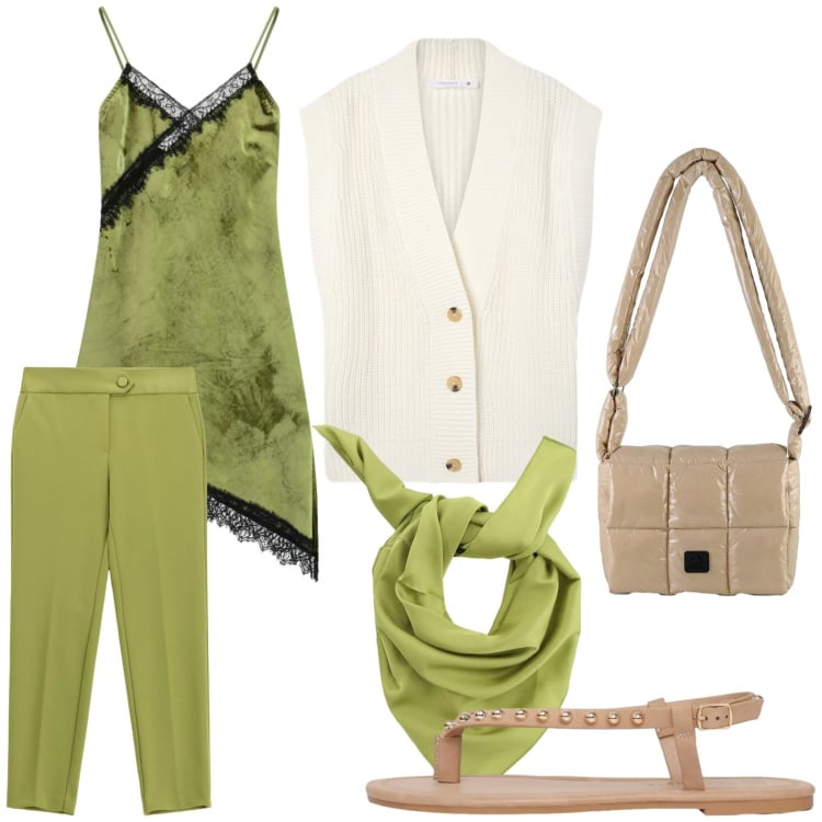 Outfit donna - Il potere dei colori pastello. Stile Trendy per Tutti i giorni. Abbinamento con vestiti asimmetrici, pantaloni, gilet, ciabatte, foulard, borse a spalla.