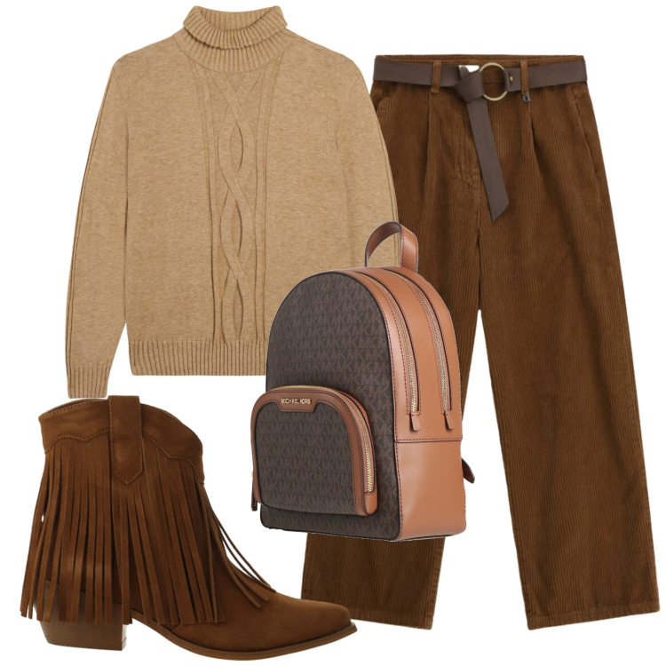 Outfit donna - Total look #2360250. Stile Basic per Ufficio. Abbinamento con zaini, stivaletti texani, pantaloni a palazzo, maglieria.