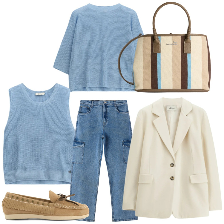 Outfit donna - Il potere dei colori pastello. Stile Casual per Tutti i giorni. Abbinamento con shopping bag, jeans dritti, blazer, maglieria, maglieria, mocassini.