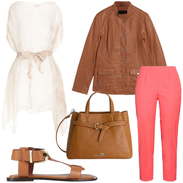 Outfit donna - Il potere dei colori pastello. Stile Urban per Tutti i giorni. Abbinamento con pantaloni, top, sandali alla schiava, blazer, borse a mano.