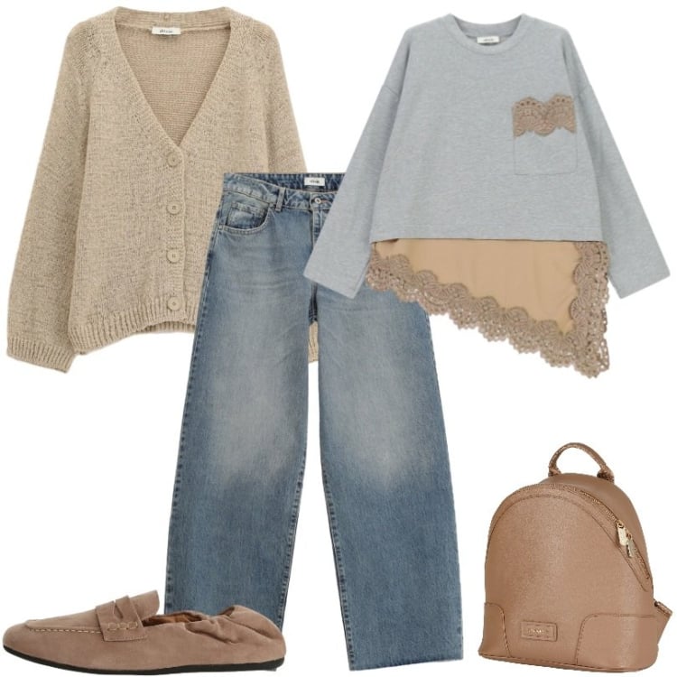 Outfit donna - Rinnova i tuoi look quotidiani. Stile Trendy per Tutti i giorni. Abbinamento con zaini, top, jeans, mocassini, cardigans.