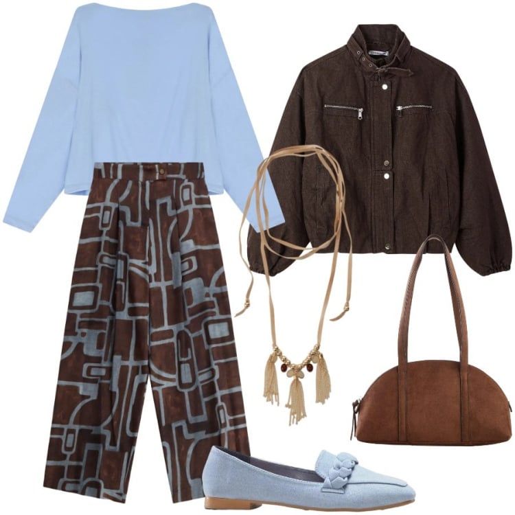 Outfit donna - Casual chic in ufficio. Stile Casual chic per Ufficio. Abbinamento con mocassini, borse a tracolla, bomber, pantaloni a palazzo, t-shirt, collane.