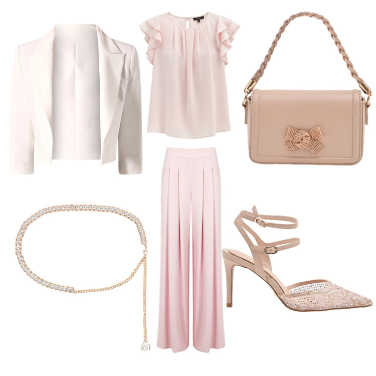 Outfit donna - Soft rose. per Cerimonia. Abbinamento con pantaloni a palazzo, blazer, pochette, décolleté, top, cinture.