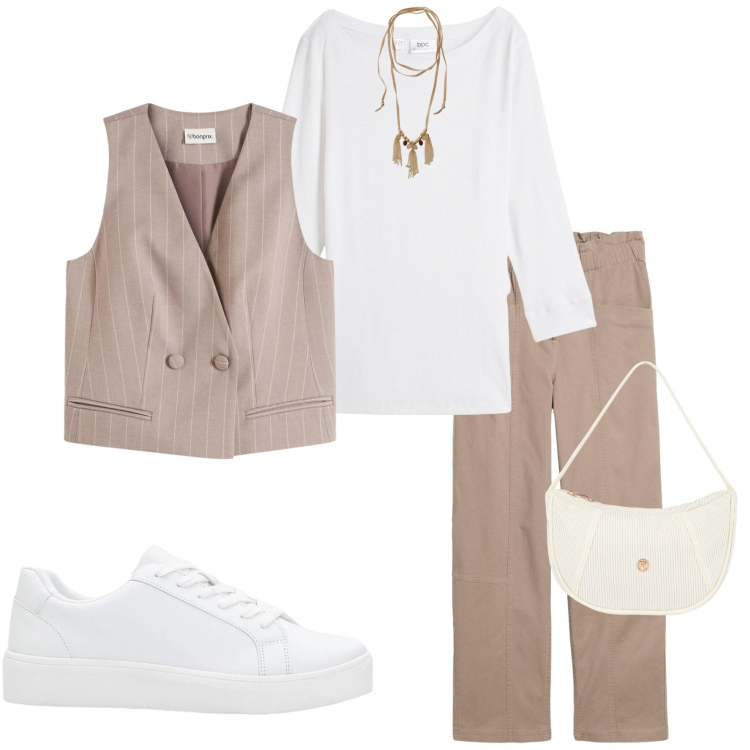 Outfit donna - Pantaloni e gilet. Stile Casual chic per Tutti i giorni. Abbinamento con pantaloni cargo, gilet, maglieria, sneakers, collane, borse a mano.