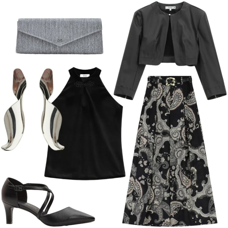 Outfit donna - Serata fuori. Stile Chic per Serata fuori. Abbinamento con décolleté, gonne lunghe, top, orecchini, blazer, pochette.