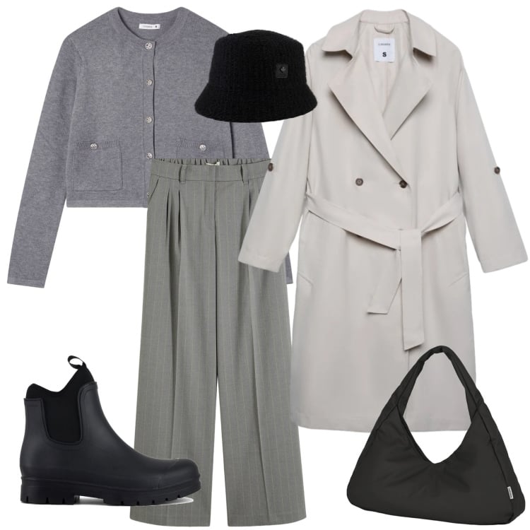 Outfit donna - Marzo sotto la pioggia. Stile Urban per Tutti i giorni. Abbinamento con pantaloni a palazzo, trench, cardigans, cappelli, borse a spalla, stivali.