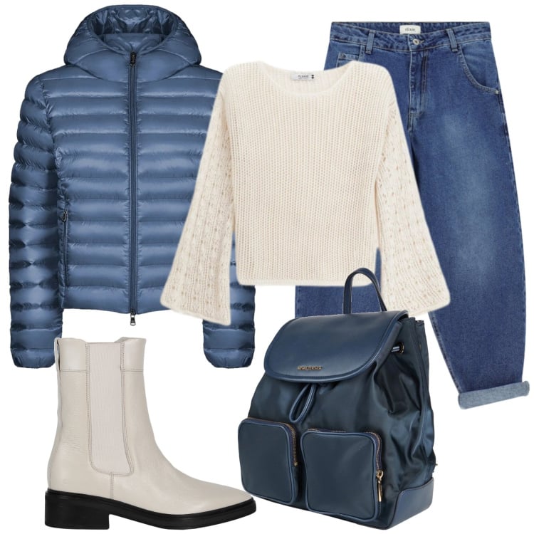Outfit donna - Total look #2360302. Stile Casual per Ufficio. Abbinamento con stivaletti chelsea, zaini, jeans, maglieria, bomber.