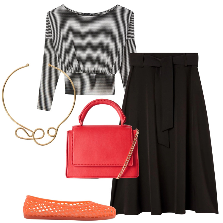 Outfit donna - Ballerine arancio. Stile Trendy per Tutti i giorni. Abbinamento con borse a tracolla, gonne lunghe, t-shirt, collane, ballerine.