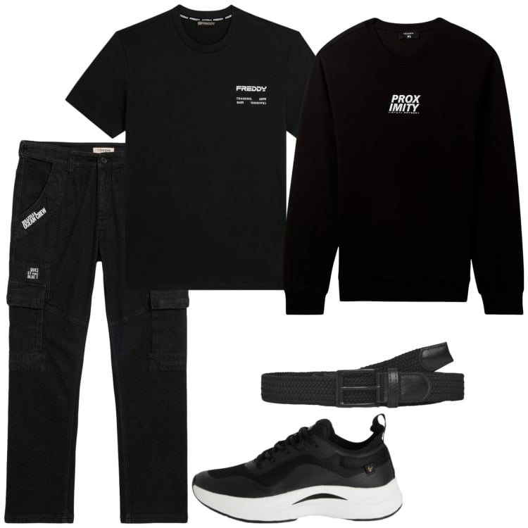 Outfit uomo - Nero (e bianco?). Stile Casual per Tutti i giorni. Abbinamento con pantaloni cargo, felpe, cinture, sneakers, t-shirt.