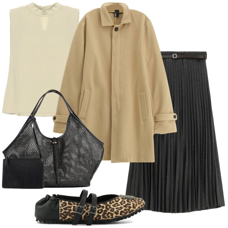 Outfit donna - Un tocco animalier. Stile Trendy per Tutti i giorni. Abbinamento con shopping bag, trench, gonne lunghe, top, ballerine.