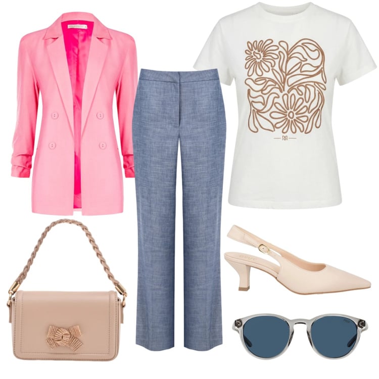 Outfit donna - Free time. Stile Urban per Tutti i giorni. Abbinamento con décolleté, pantaloni, blazer, pochette, t-shirt, occhiali da sole.