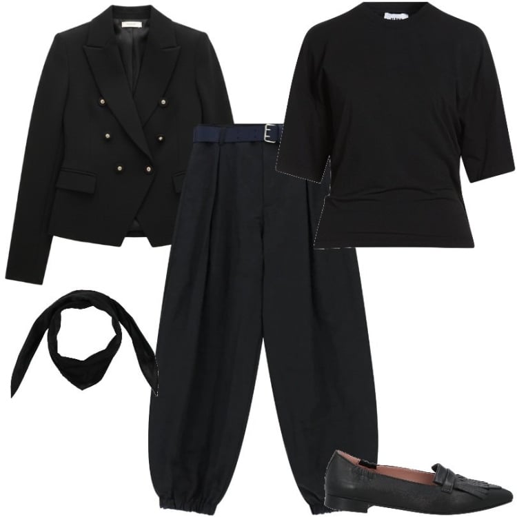 Outfit donna - Idee look mocassini donna. Stile Mannish per Tutti i giorni. Abbinamento con mocassini, sciarpe, t-shirt, pantaloni, blazer.