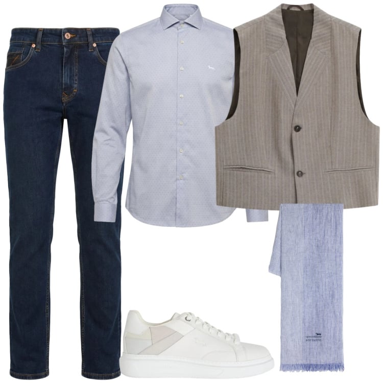 Outfit uomo - Casual chic. Stile Trendy per Serata speciale. Abbinamento con sneakers, jeans, sciarpe, camicie, gilet.