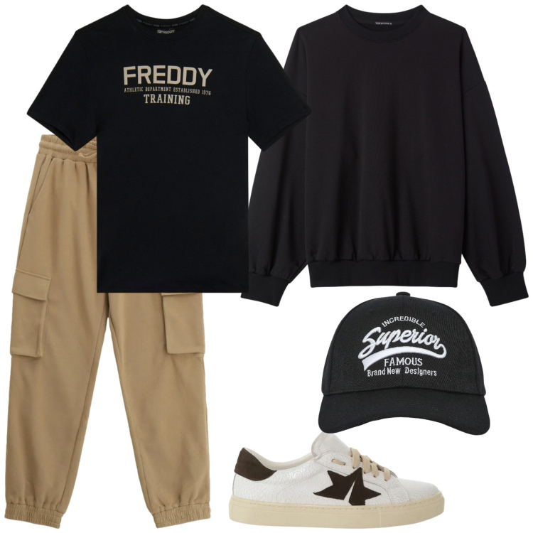 Outfit uomo - Teens. Stile Casual per Tutti i giorni. Abbinamento con pantaloni cargo, sneakers, cappelli con visiera, felpe, t-shirt.