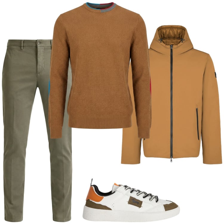 Outfit uomo - Total look #2360377. Stile Trendy per Tutti i giorni. Abbinamento con sneakers, maglieria, pantaloni chino, parka.