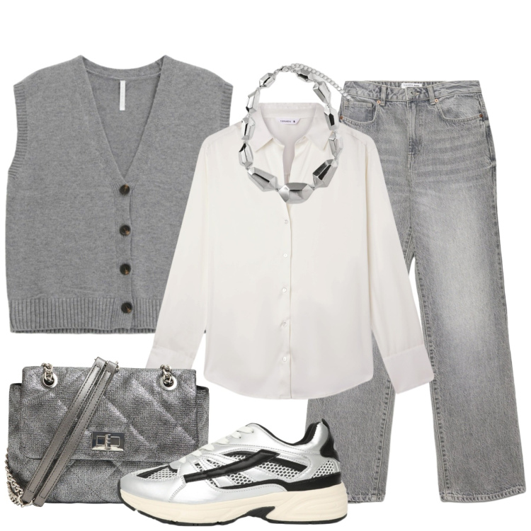 Outfit donna - Mixare elementi classici e casual. Stile Casual chic per Tutti i giorni. Abbinamento con jeans dritti, borse a tracolla, camicie, sneakers, gilet, ciondoli.