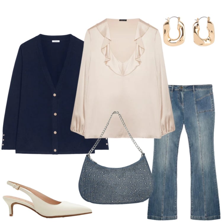 Outfit donna - Seta e Denim: Eleganza Quotidiana. Stile Bon Ton per Tutti i giorni. Abbinamento con décolleté, orecchini, borse a tracolla, bluse, cardigans, jeans.