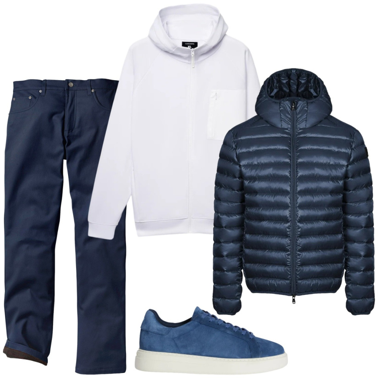Outfit uomo - Bianco e blu. Stile Casual per Tutti i giorni. Abbinamento con pantaloni, sneakers, felpe con cappuccio, bomber.