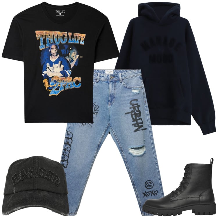 Outfit uomo - Urban. Stile Urban per Tutti i giorni. Abbinamento con felpe con cappuccio, t-shirt, anfibi, jeans strappati, cappelli con visiera.