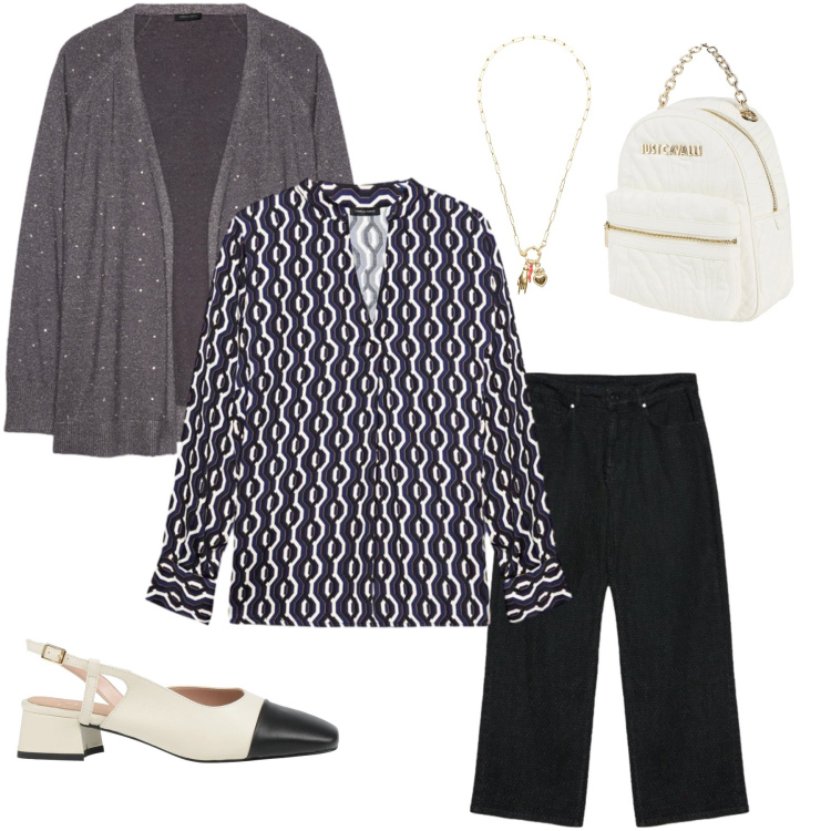 Outfit donna - Urban Chic Geometrico. Stile Bon Ton per Tutti i giorni. Abbinamento con décolleté, zaini, cardigans, jeans dritti, bluse, ciondoli.