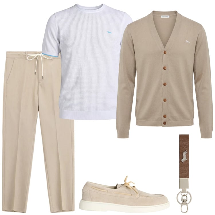 Outfit uomo - Gita fuori porta. Stile Trendy per Tutti i giorni. Abbinamento con portachiavi, scarpe stringate, cardigans, t-shirt, pantaloni.