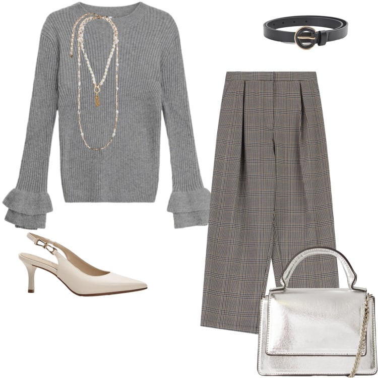 Outfit donna - Silver Grey. Stile Urban per Tutti i giorni. Abbinamento con décolleté, borse a tracolla, cinture, pantaloni, maglieria, collane.