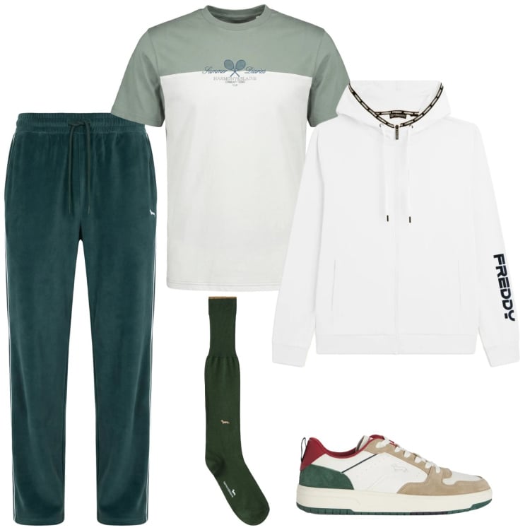 Outfit uomo - Comodità. Stile Casual per Sport. Abbinamento con sneakers, t-shirt, pantaloni, calzini, felpe con cappuccio.
