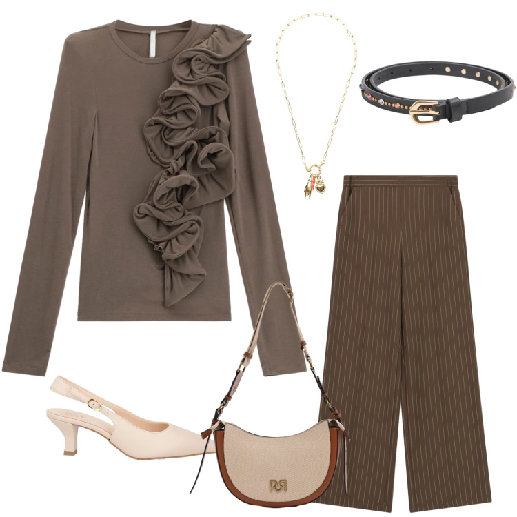 Outfit donna - Mocaccino Chic. Stile Casual chic per Tutti i giorni. Abbinamento con décolleté, cinture, t-shirt, pantaloni a palazzo, ciondoli, borse a tracolla.