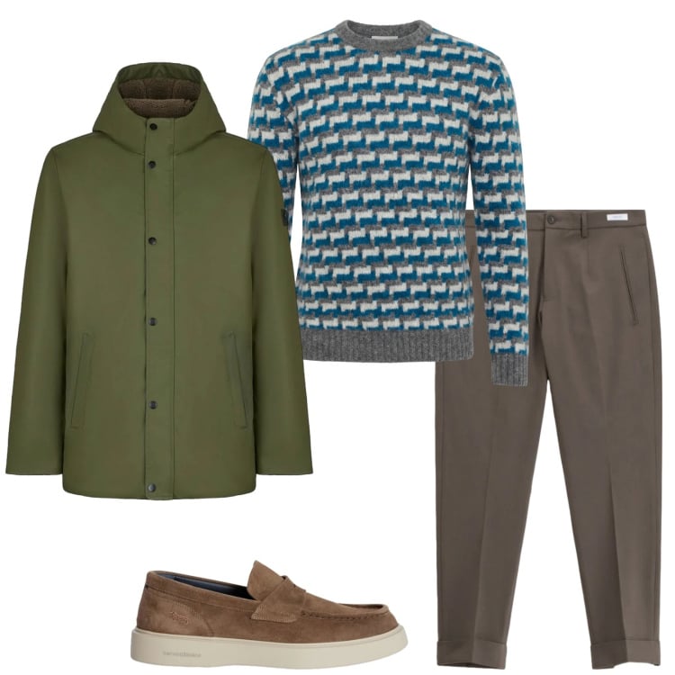 Outfit uomo - Total look #2360411. Stile Trendy per Serata speciale. Abbinamento con pullovers, scarpe stringate, pantaloni, piumini.