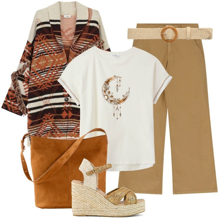 Outfit donna - Total look #2360413. Stile Boho per Tutti i giorni. Abbinamento con borse a mano, t-shirt, cinture, cappotti, jeans, zeppe.