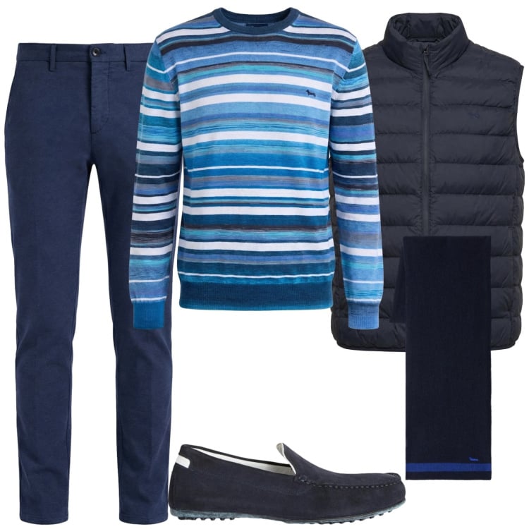 Outfit uomo - I colori del mare. Stile Trendy per Tutti i giorni. Abbinamento con pullovers, scarpe stringate, pantaloni chino, piumini, sciarpe.
